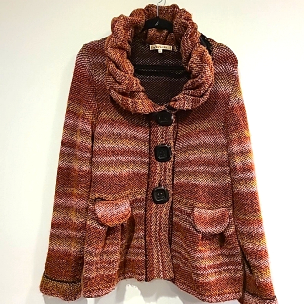 Avette Blazer Women Knit Ruffle Collar Large Buttons Sweater Size XL